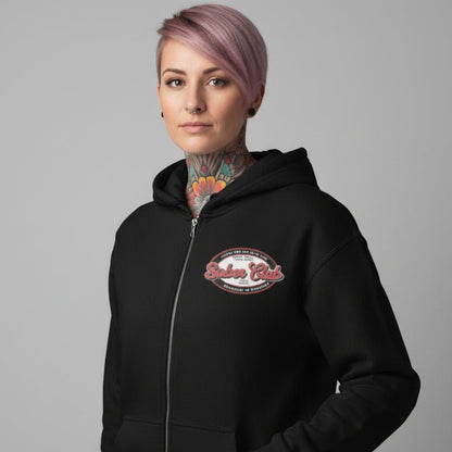 Sober Club Badge Left Chest Print Unisex Zip Recovery Hoodie graphic detail (view 4)