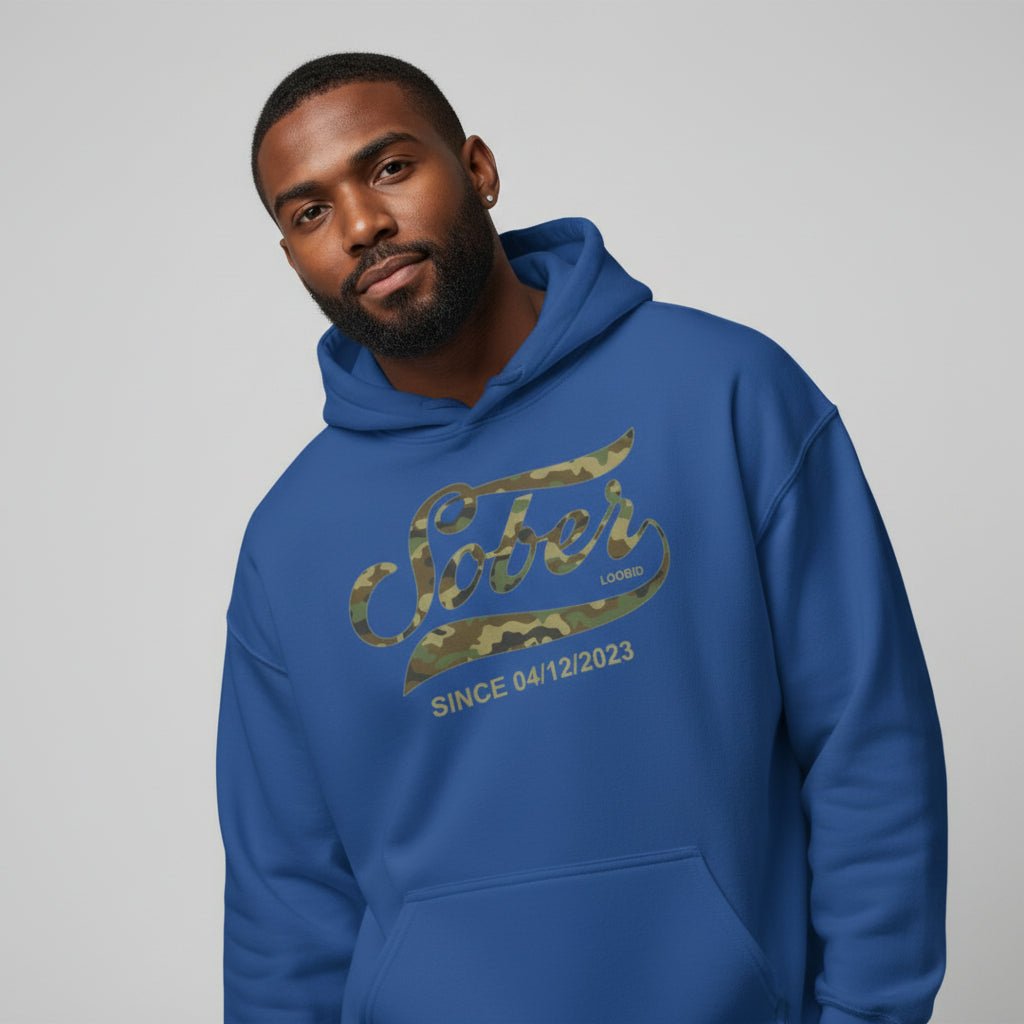 Sober Since Camo Recovery Hoodie lifestyle view (view 45)