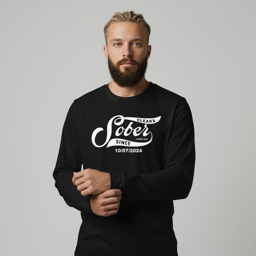 Sober Since Long Sleeve w Custom Sobriety Date Sober T Shirt side view (view 6)
