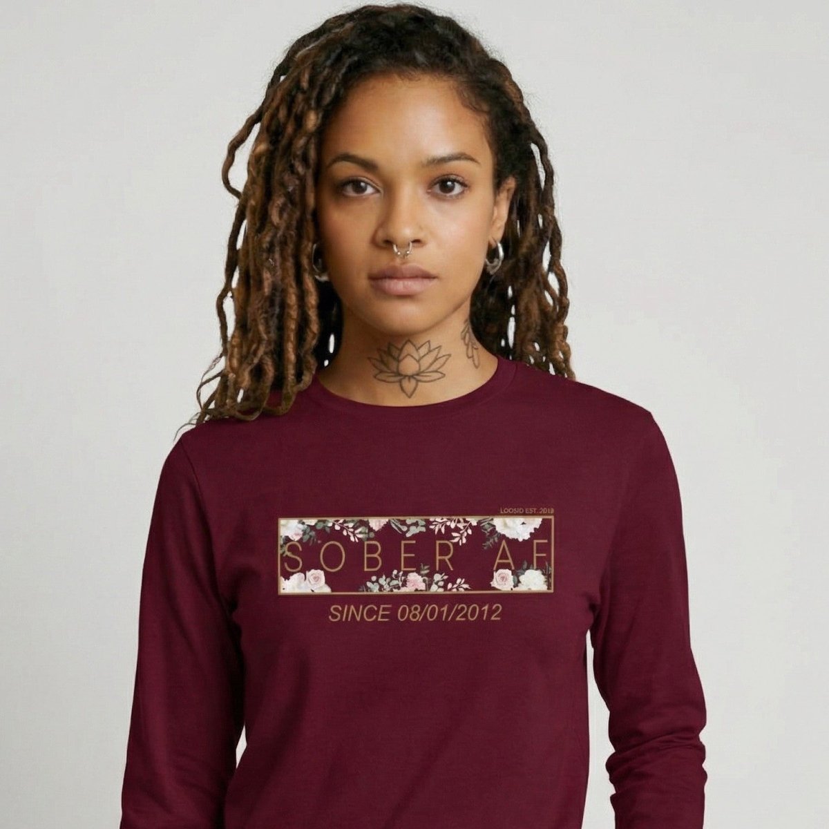 Sober AF Flower Long Sleeve Sober T Shirt flat lay styled image (view 13)