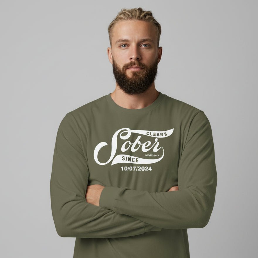 Sober Since Long Sleeve w Custom Sobriety Date Sober T Shirt flat lay styled image (view 13)