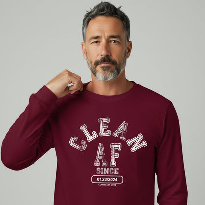 Clean AF Since Long Sleeve Sober T Shirt flat lay styled image (view 13)