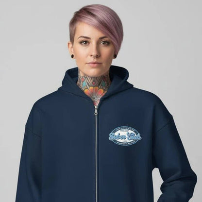 Sober Club Badge Left Chest Print Unisex Zip Recovery Hoodie back view (view 7)