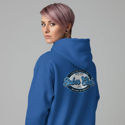 Sober Club Badge Left Chest Print Unisex Zip Recovery Hoodie close-up view (view 22)