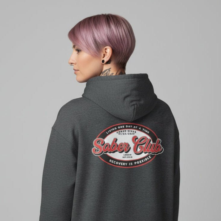Sober Club Badge Left Chest Print Unisex Zip Recovery Hoodie back view (view 17)