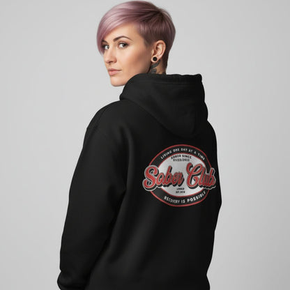 Sober Club Badge Left Chest Print Unisex Zip Recovery Hoodie back view (view 7)