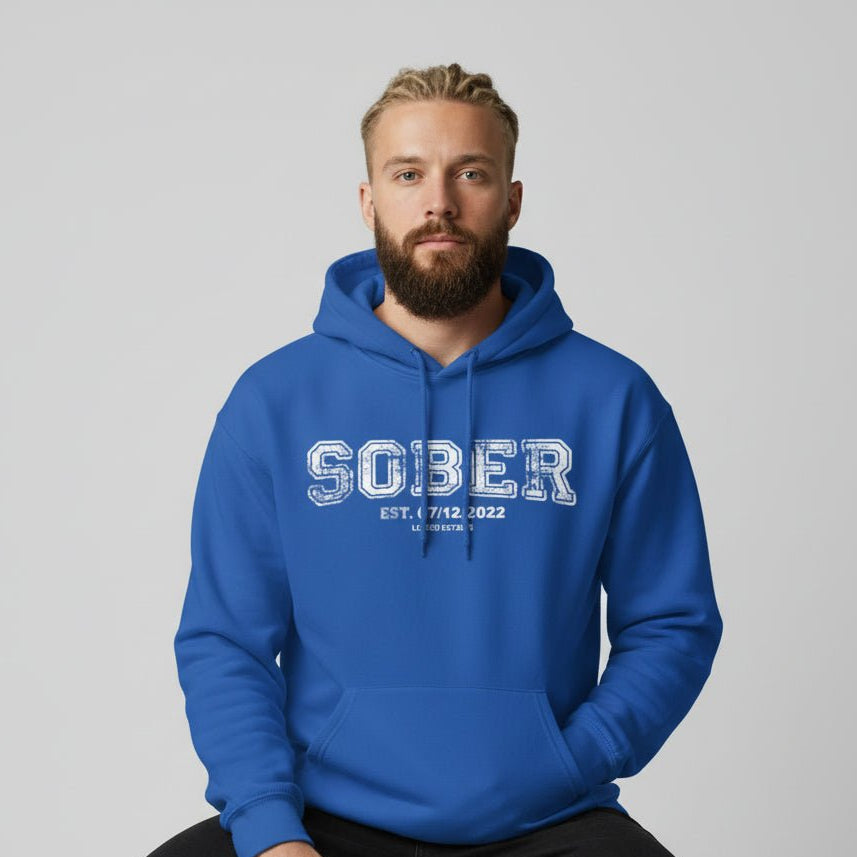 Sober Collegiate Hoodie W Personalize Sobriety Date Recovery Hoodie flat lay styled image (view 13)