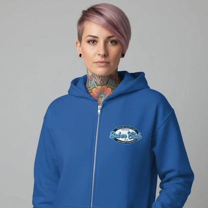 Sober Club Badge Left Chest Print Unisex Zip Recovery Hoodie flat lay styled image (view 13)