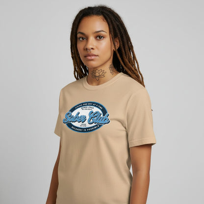 Sober Club Badge Sober T Shirt flat lay styled image (view 13)