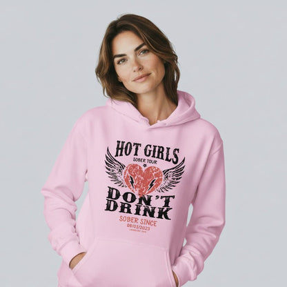 Hot Girls Don't Drink Custom Sobriety Date Recovery Hoodie fit detail (view 39)