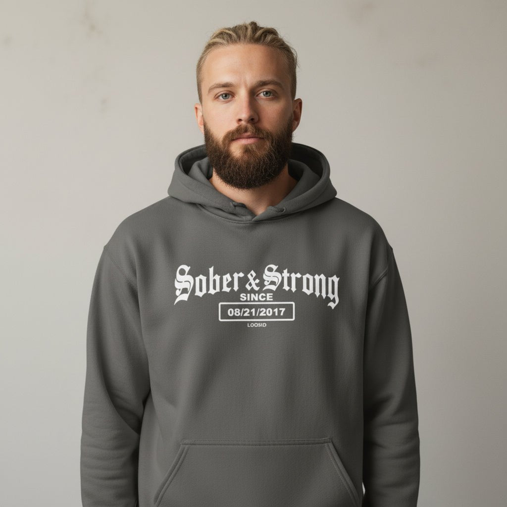 Sober & Strong Old School Recovery Hoodie lifestyle view (view 15)