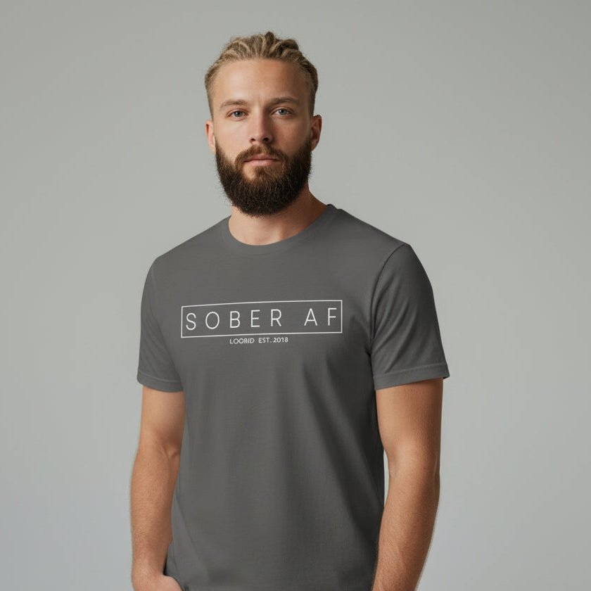 Sober AF Men's Tee for Strength and Recovery Sober T Shirt flat lay styled image (view 13)