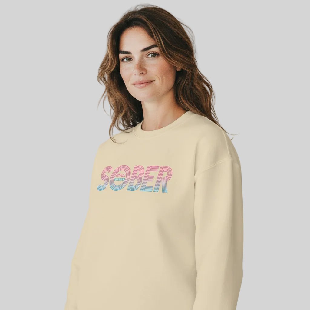Retro Sobriety Date Sweatshirt Personalized Sober Date Recovery Hoodie close-up view (view 32)