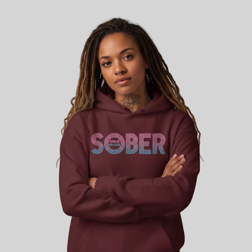 Retro Sobriety Date Recovery Hoodie close-up view (view 32)