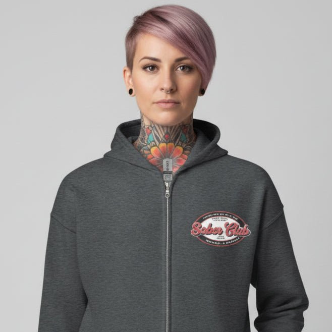 Sober Club Badge Left Chest Print Unisex Zip Recovery Hoodie graphic detail (view 14)