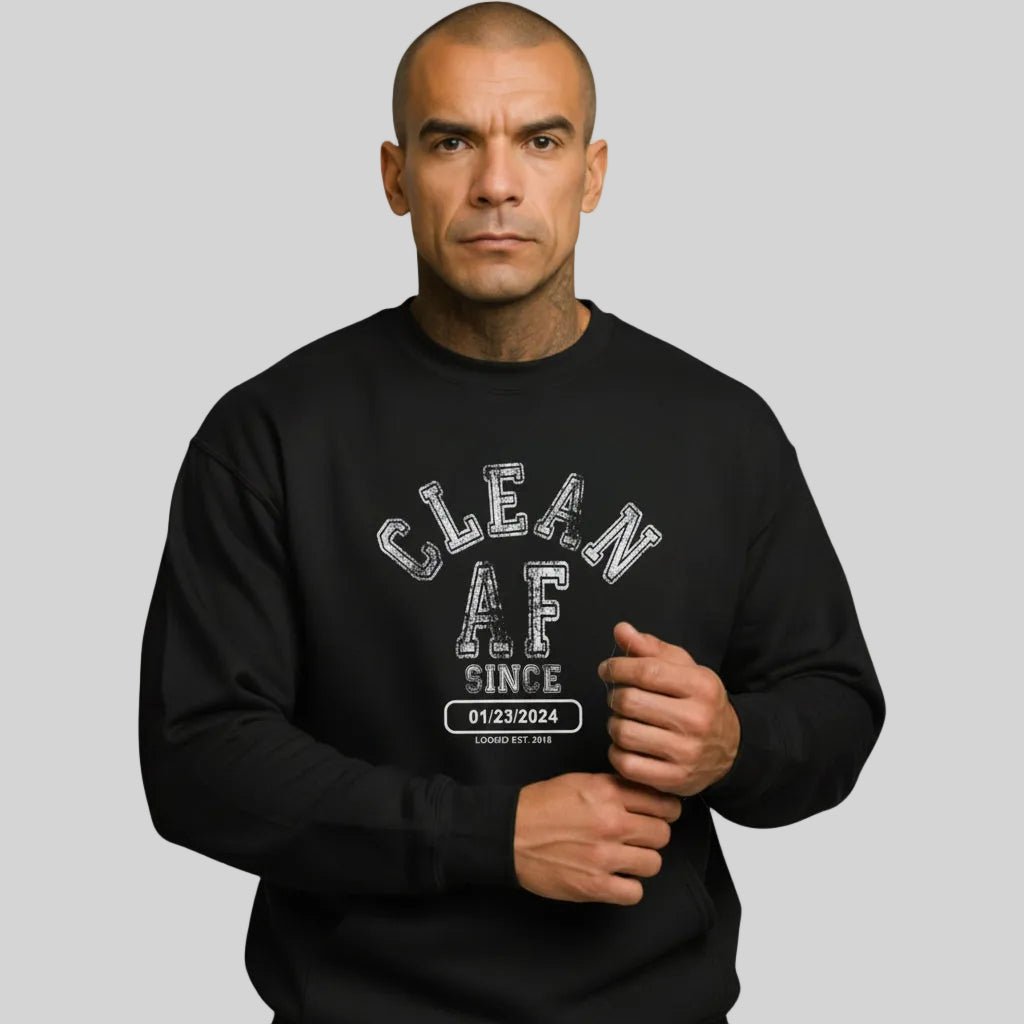 Clean AF Since Sobriety Recovery Hoodie lifestyle view (view 5)