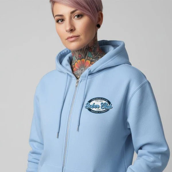 Sober Club Badge Left Chest Print Unisex Zip Recovery Hoodie side view (view 16)