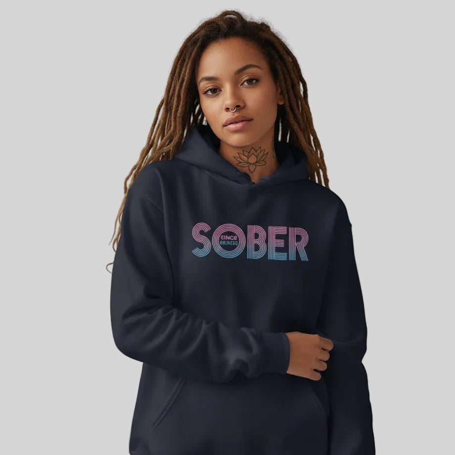 Retro Sobriety Date Recovery Hoodie fit detail (view 9)