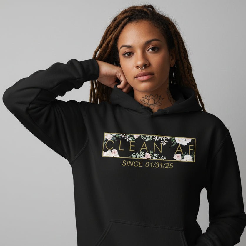 Clean AF Flower Recovery Hoodie flat lay styled image (view 3)