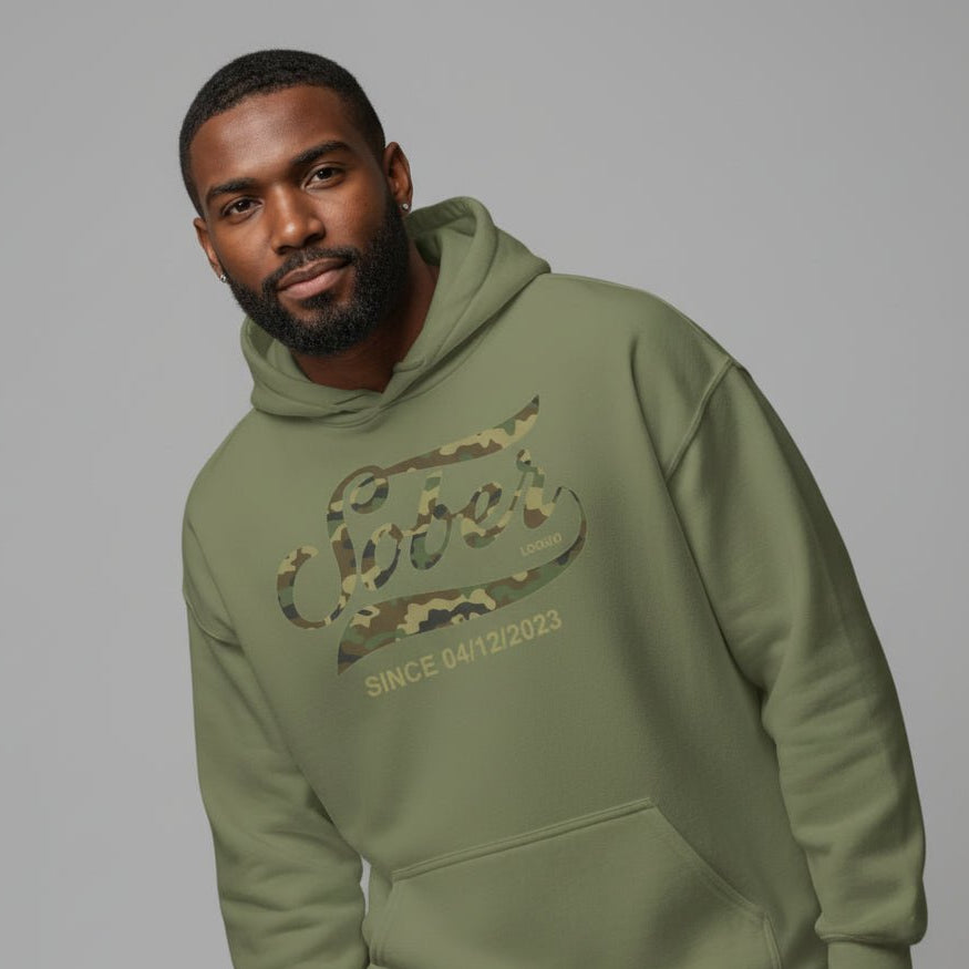 Sober Since Camo Recovery Hoodie lifestyle view (view 15)