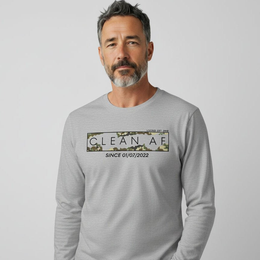 Clean AF Camo Long Sleeve Sober T Shirt close-up view (view 22)