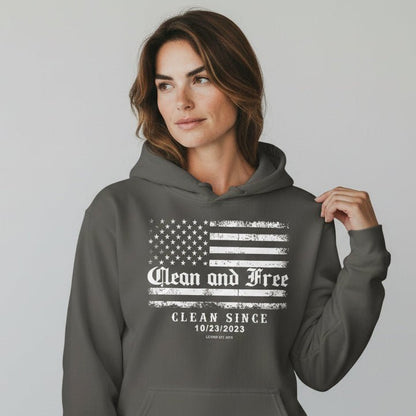 Clean and Free Custom Recovery Date Recovery Hoodie flat lay styled image (view 13)