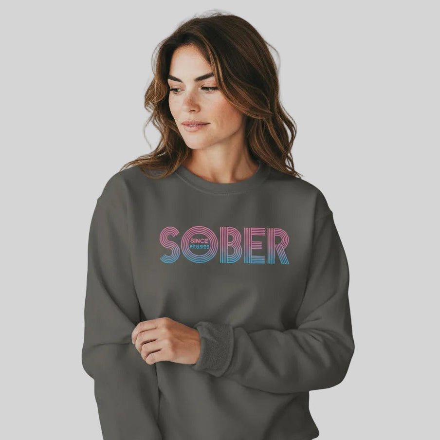 Retro Sobriety Date Sweatshirt Personalized Sober Date Recovery Hoodie back view (view 17)