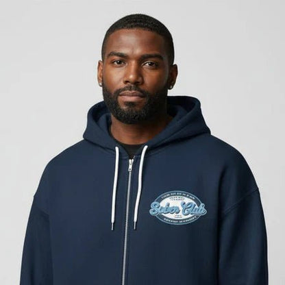 Sober Club Badge Left Chest Print Unisex Zip Recovery Hoodie packaging detail (view 8)