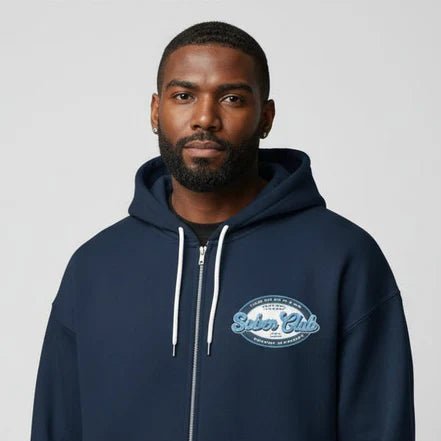 Sober Club Badge Left Chest Print Unisex Zip Recovery Hoodie packaging detail (view 8)