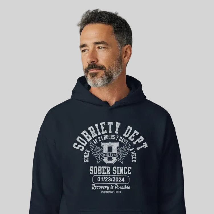 Sobriety Dept Recovery Hoodie fit detail (view 9)