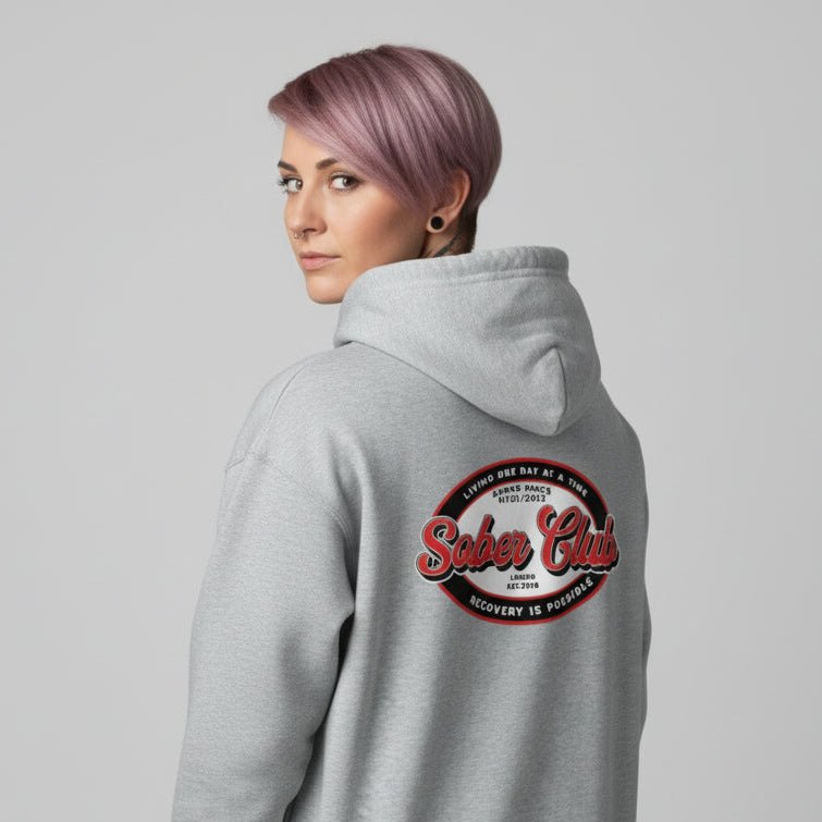 Sober Club Badge Left Chest Print Unisex Zip Recovery Hoodie close-up view (view 32)