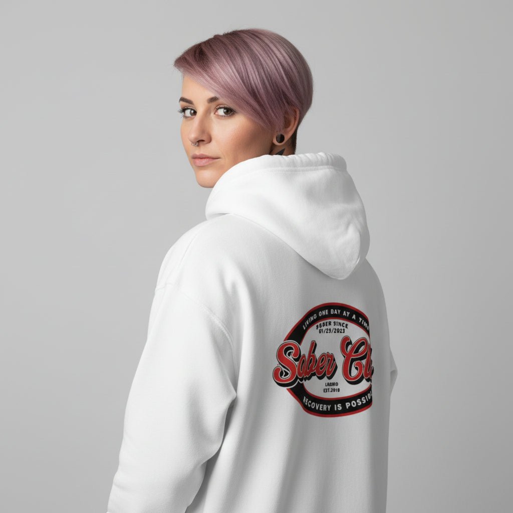 Sober Club Badge Left Chest Print Unisex Zip Recovery Hoodie back view (view 37)