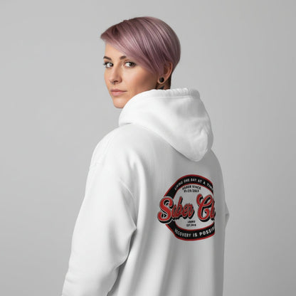 Sober Club Badge Left Chest Print Unisex Zip Recovery Hoodie back view (view 37)