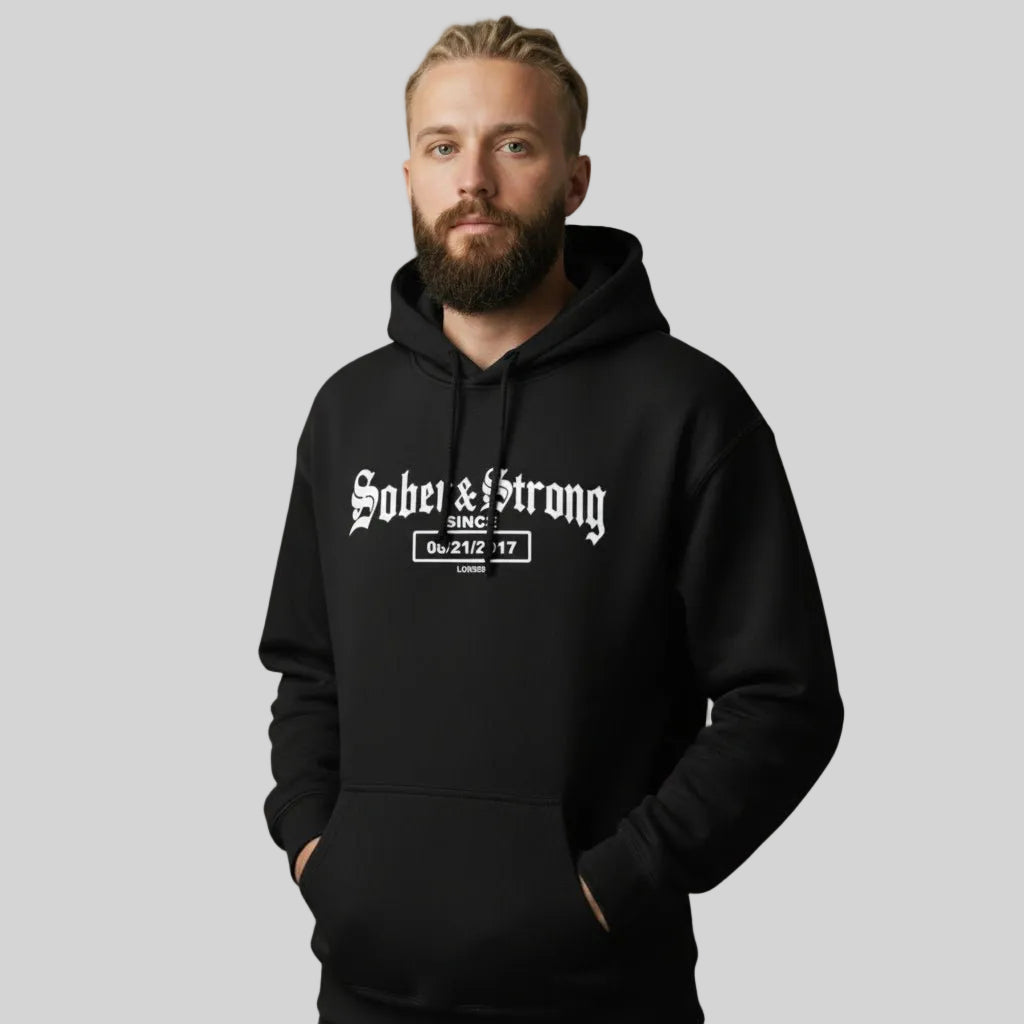 Sober & Strong Old School Recovery Hoodie back view (view 7)