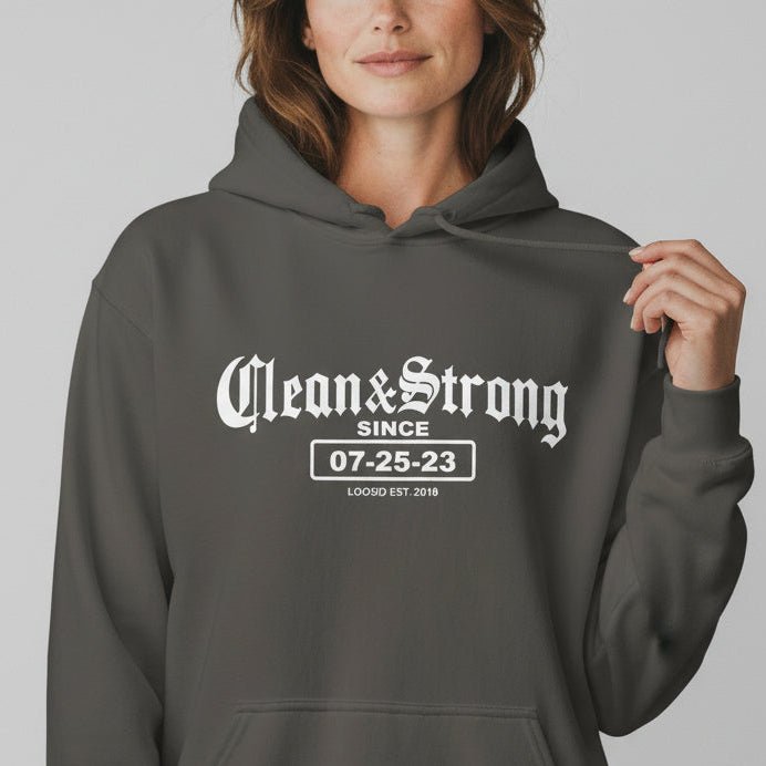 Old School Clean & Strong Recovery Hoodie flat lay styled image (view 13)