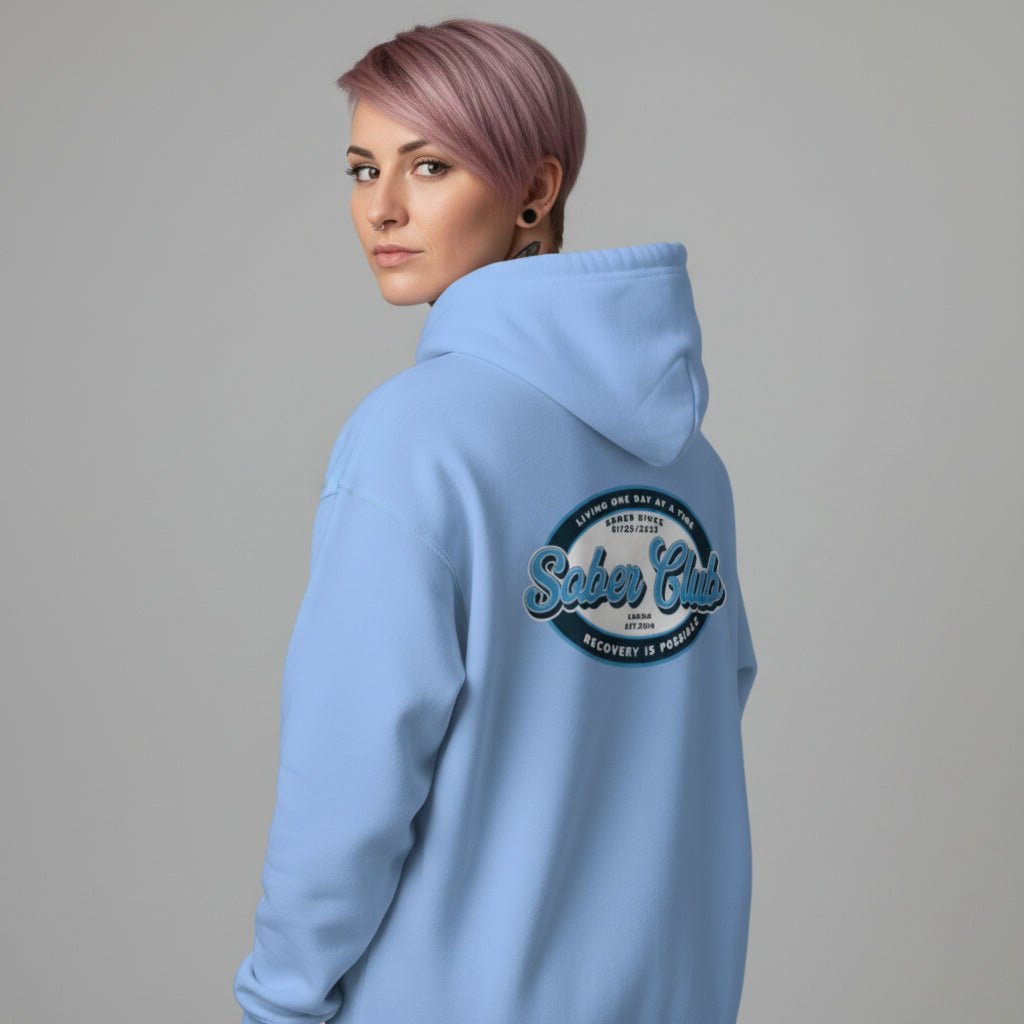 Sober Club Badge Left Chest Print Unisex Zip Recovery Hoodie back view (view 27)
