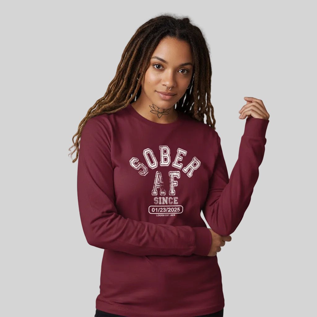 Sober AF Long Sleeve Sober T Shirt flat lay styled image (view 13)