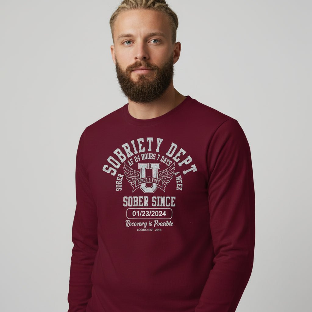 Sobriety Dept Long Sleeve Sober T Shirt flat lay styled image (view 13)