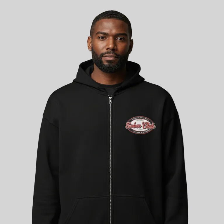 Sober Club Badge Unisex Zip Recovery Hoodie graphic detail (view 4)
