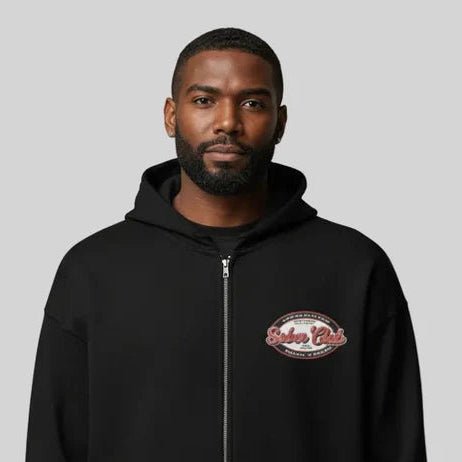 Sober Club Badge Left Chest Print Unisex Zip Recovery Hoodie lifestyle view (view 5)