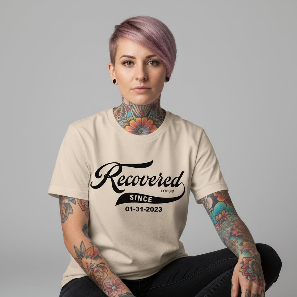 Recovered Since Sober T Shirt flat lay styled image (view 13)