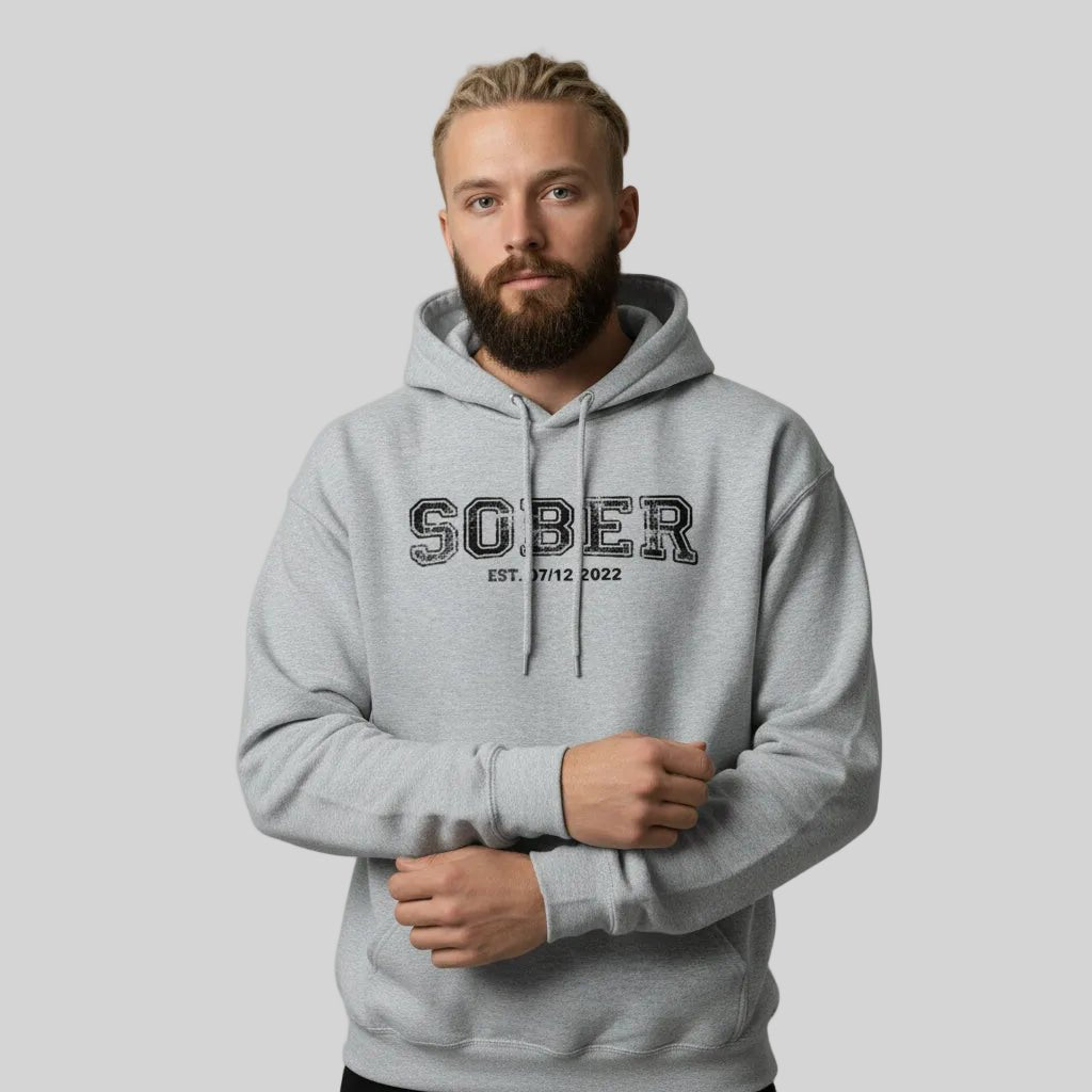 Sober Collegiate Hoodie W Personalize Sobriety Date Recovery Hoodie flat lay styled image (view 33)