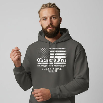 Clean and Free Custom Recovery Date Recovery Hoodie flat lay styled image (view 13)