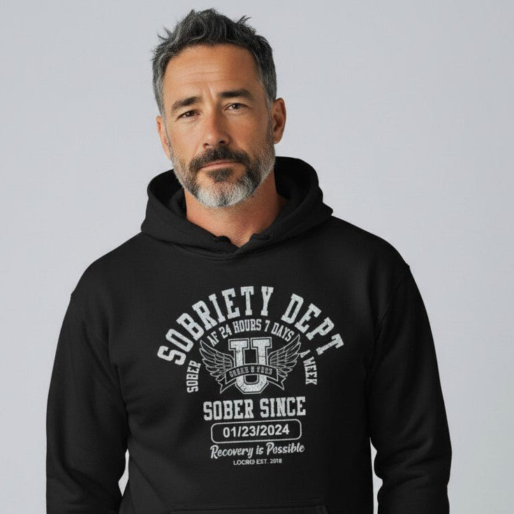Sobriety Dept Recovery Hoodie lifestyle view (view 5)