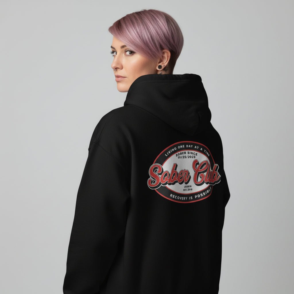 Sober Club Badge Recovery Hoodie back view (view 7)