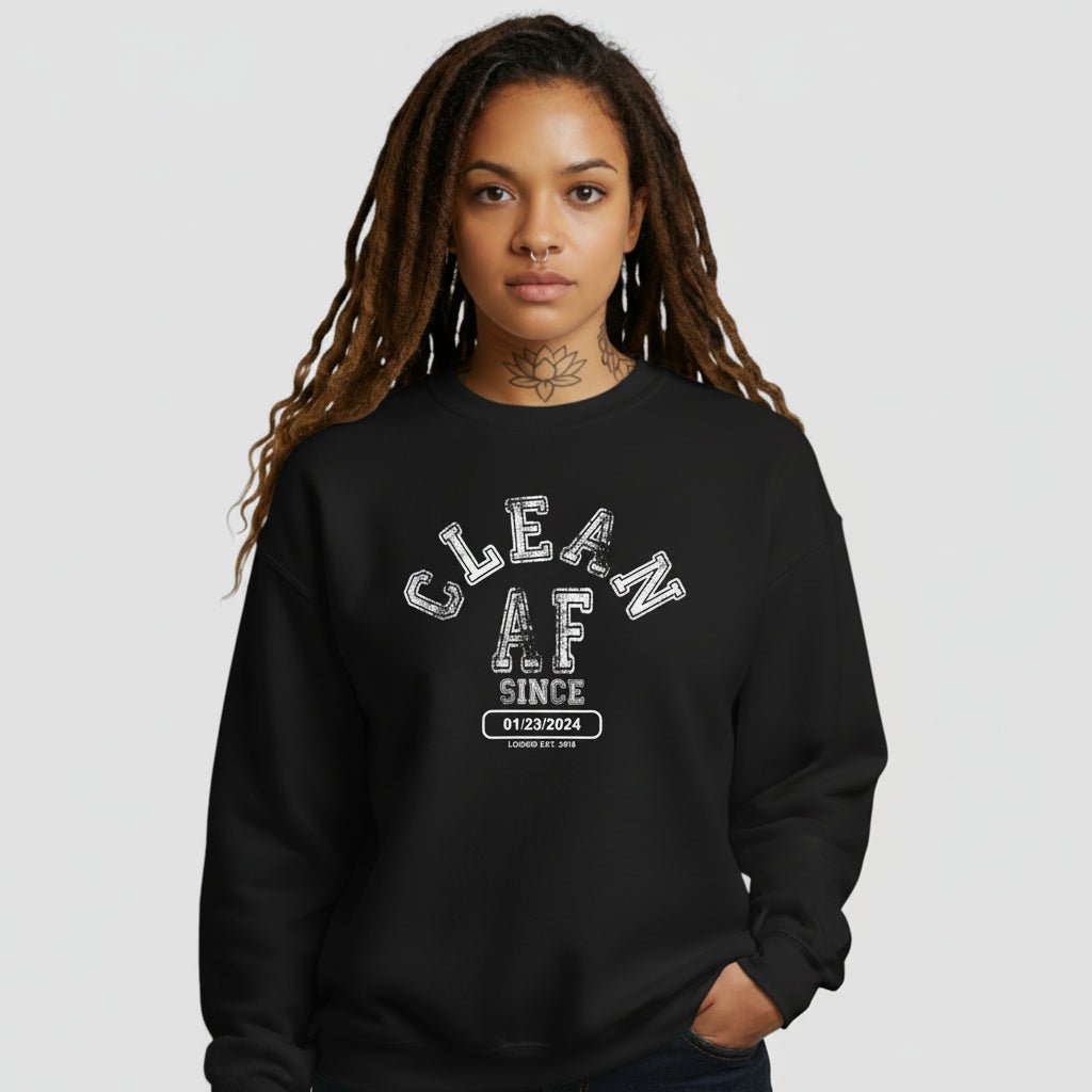 Clean AF Since Sobriety Recovery Hoodie lifestyle view (view 5)