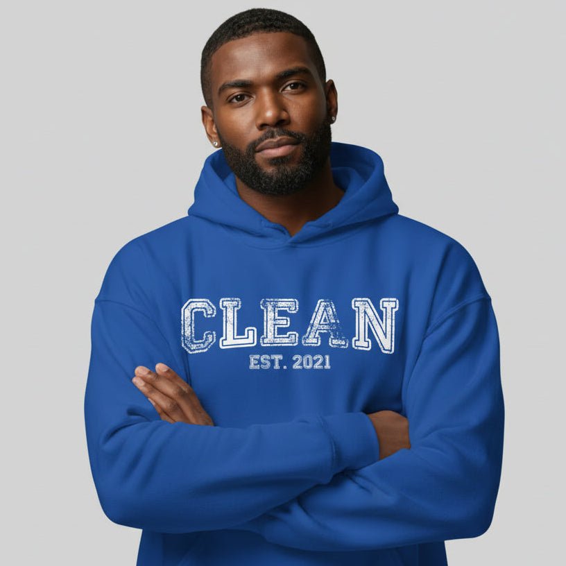 Clean Est. Hoodie w Personalized Recovery Year Recovery Hoodie flat lay styled image (view 13)