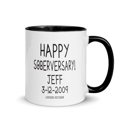 Happy Soberversary Mug with Color Inside Sober Coffee Mug close-up view (view 2)