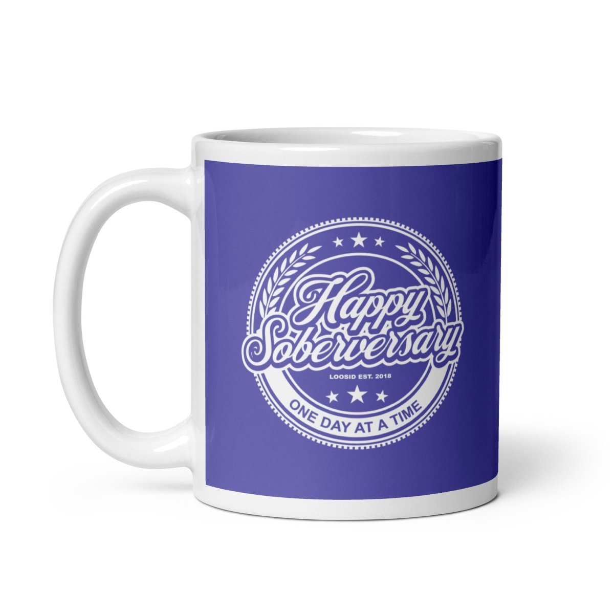 Purple Happy Soberversary Sober Coffee Mug flat lay styled image (view 3)