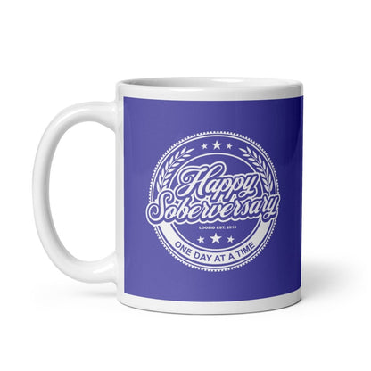 Purple Happy Soberversary Sober Coffee Mug flat lay styled image (view 3)